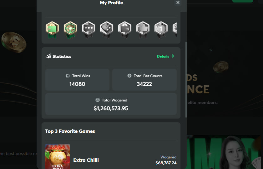 Casino profile statistics showing over 1.2 million dollars wagered